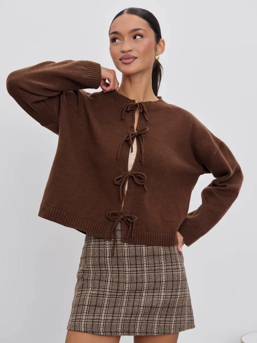 Autumn Casual Oversized Cardigan with Tie-Front in Solid Color Knit Sweater