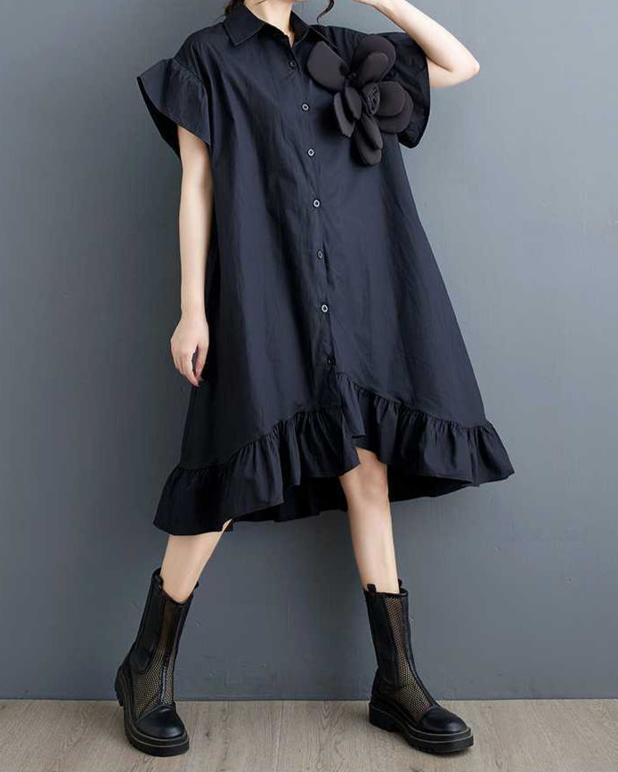 Collared Plain Flower Shirt Dress