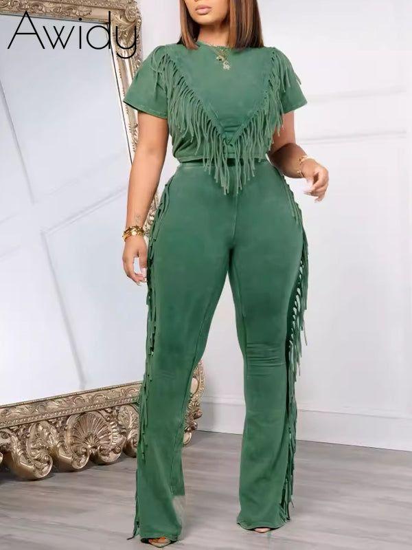 Fringe Combo Pants Set Green