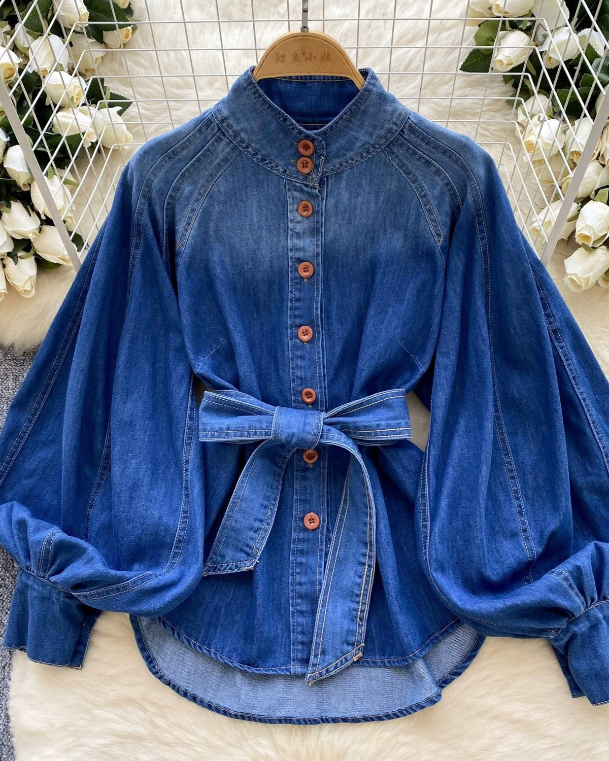 Jannifer Lux Denim Puff Sleeve Blouse DARKBLUE