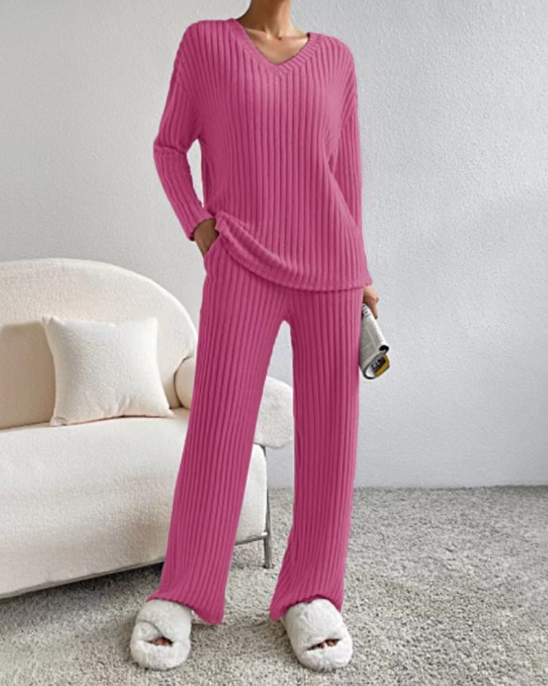 Straight-leg Pants With Relaxed Fit V-Neck Ribbed Knit Set