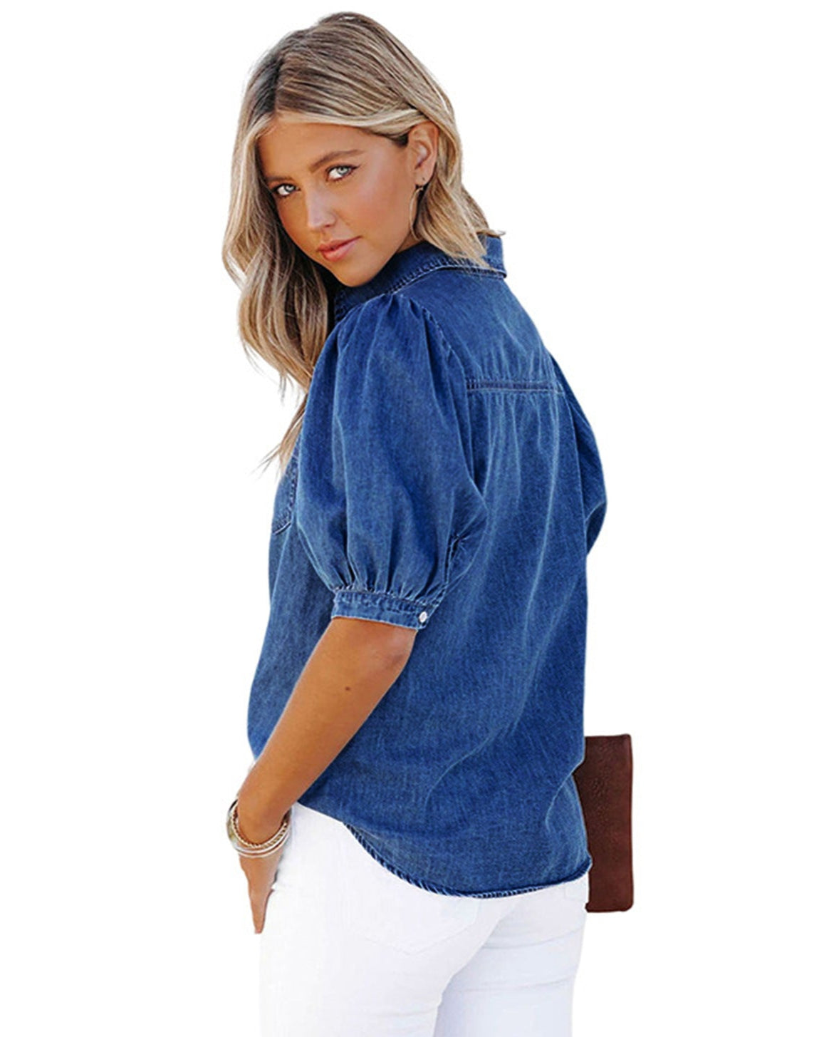 Haut en jean à manches bouffantes et col