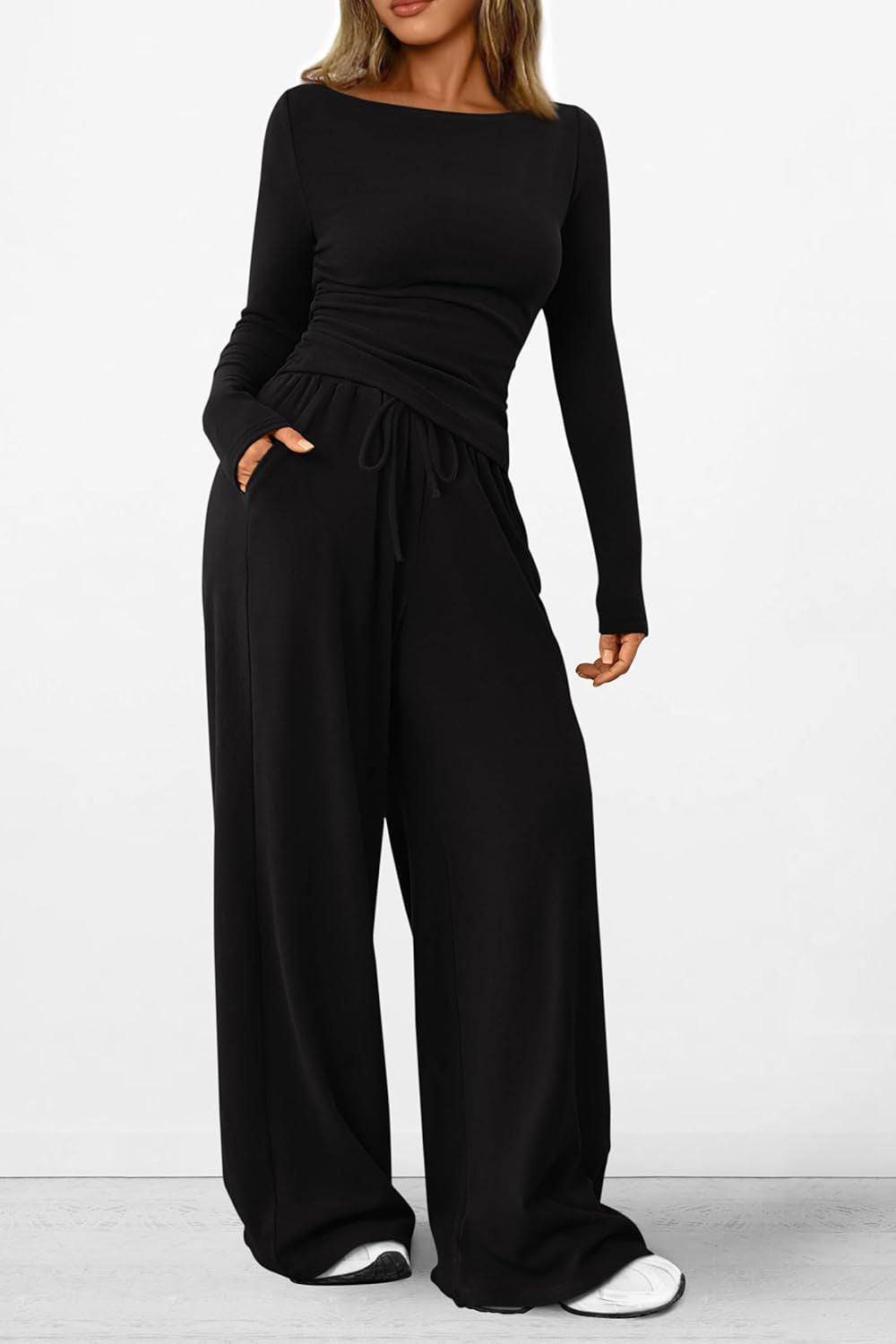 Asymmetrical Long-Sleeve T-Shirt and Wide-Leg Pants Casual Set