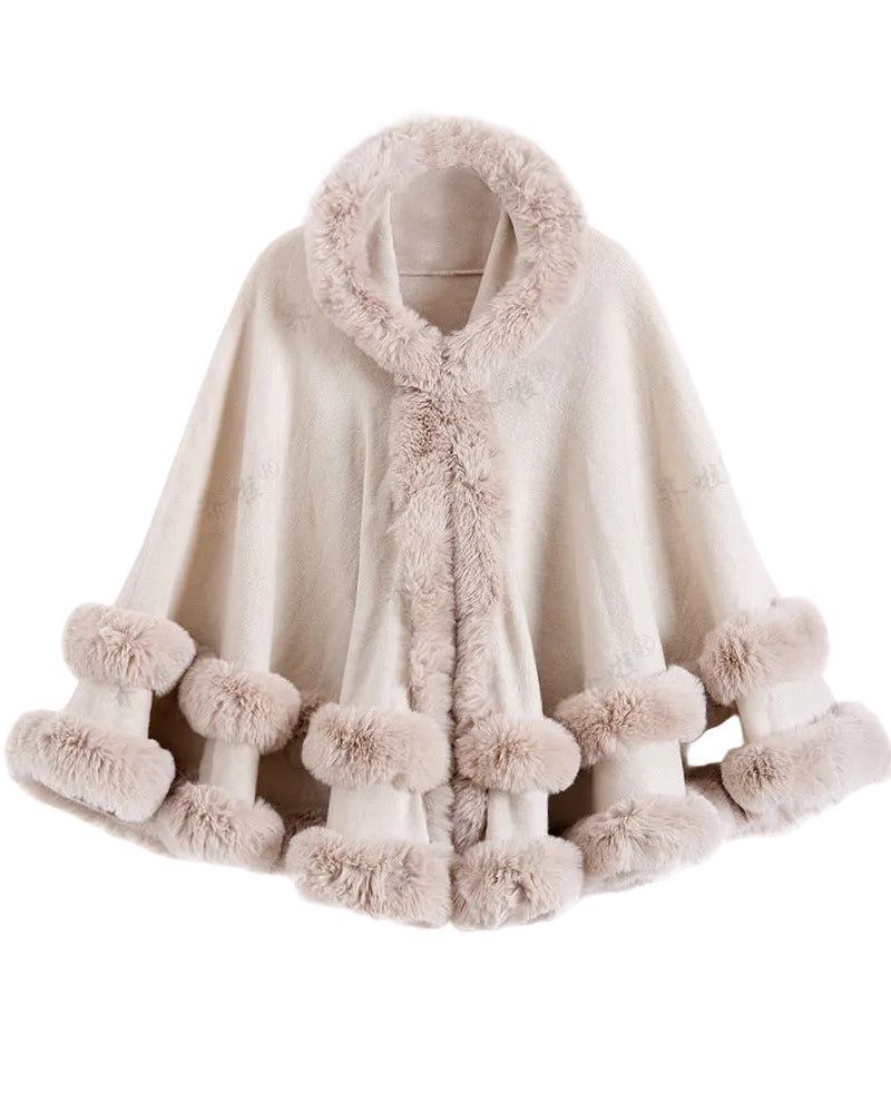 Faux Fur Trim Hooded Cape Poncho