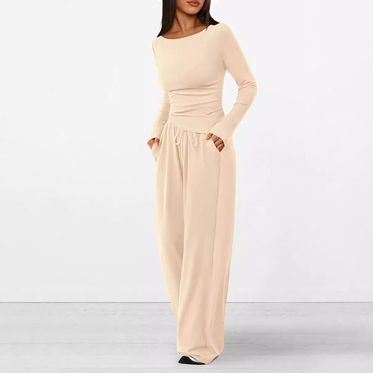 Asymmetrical Long-Sleeve T-Shirt and Wide-Leg Pants Casual Set