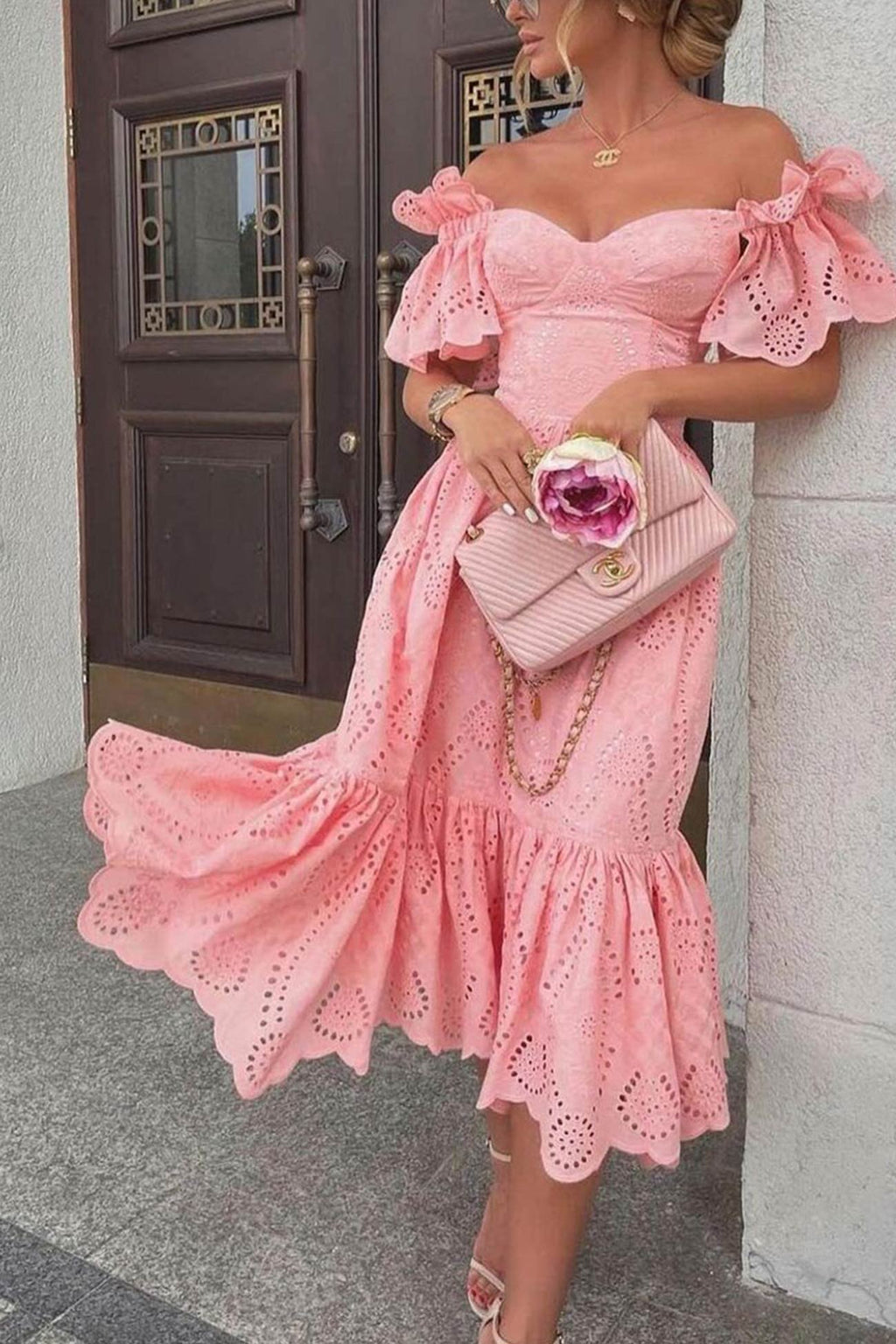 Off-shoulder Hollow Out Ruffle Dress