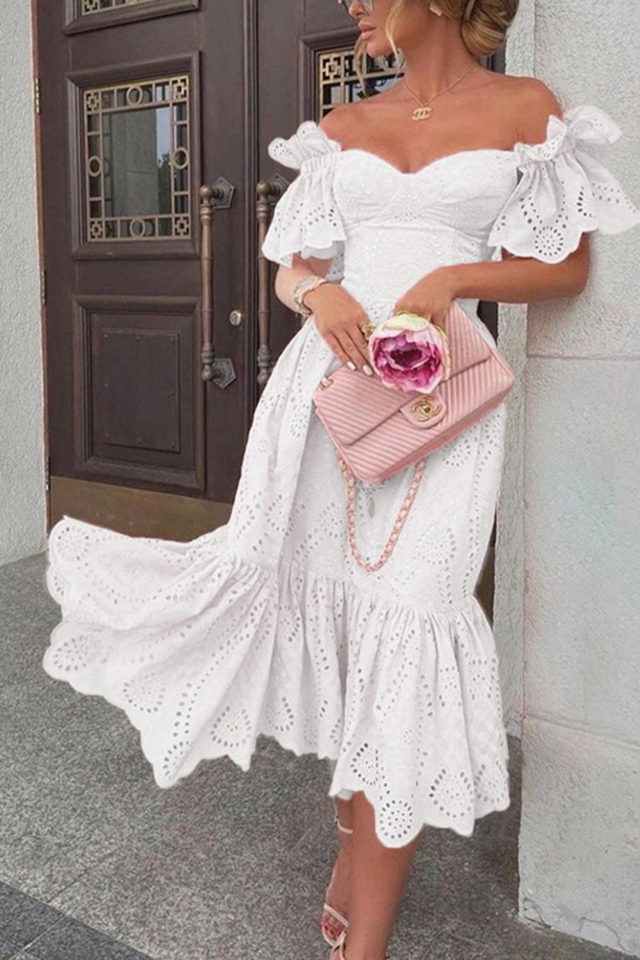 Off-shoulder Hollow Out Ruffle Dress