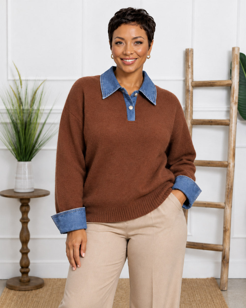 Off Script Denim-Trim Knit Sweater