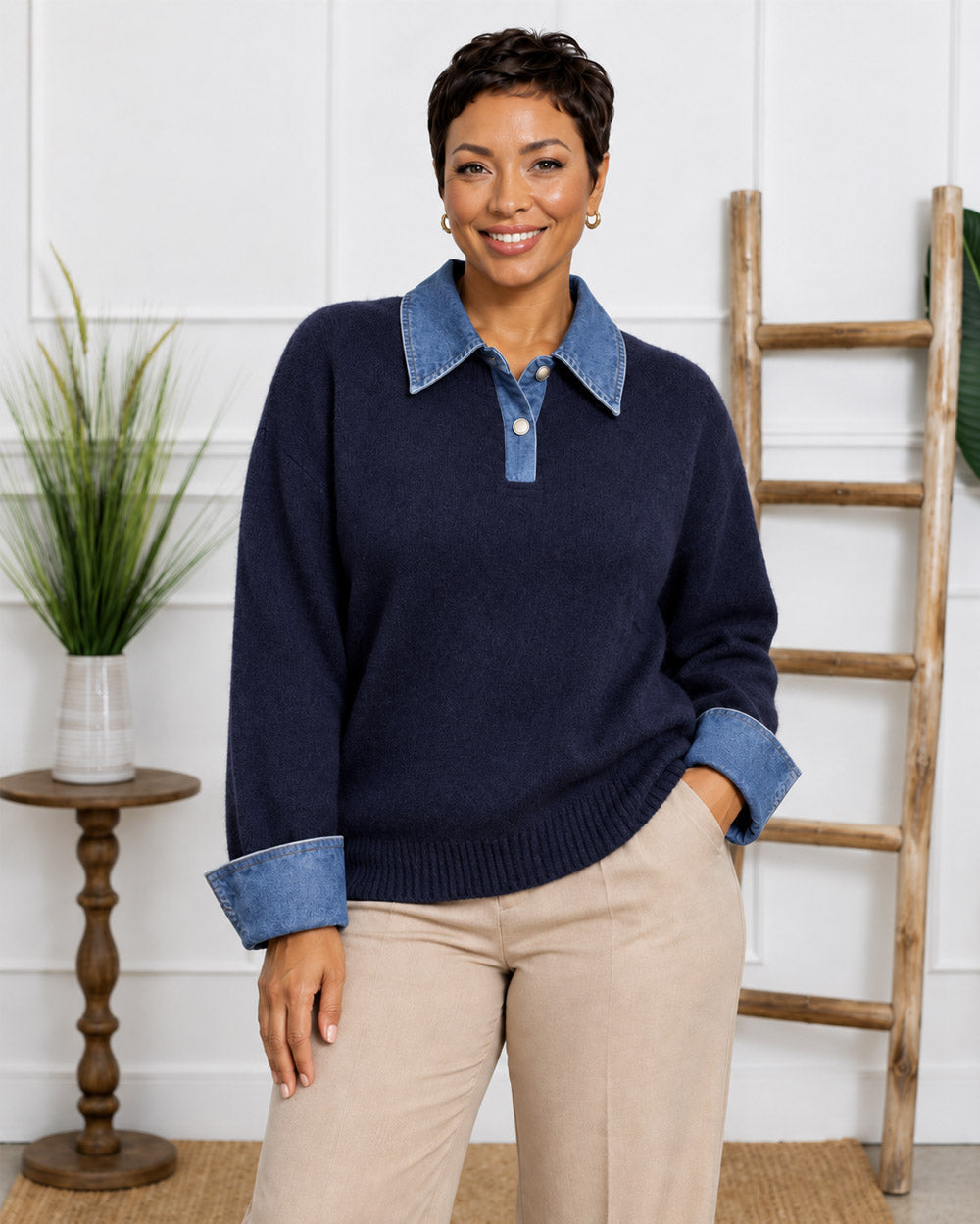 Off Script Denim-Trim Knit Sweater