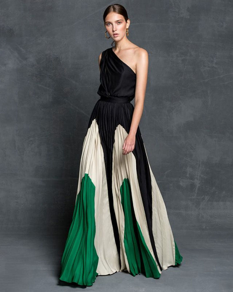 Elisa One Shoulder Maxi Dress Black Green