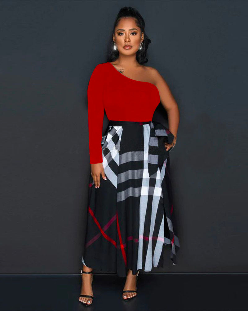 One Shoulder Plaid Skirt Midi Dress Red