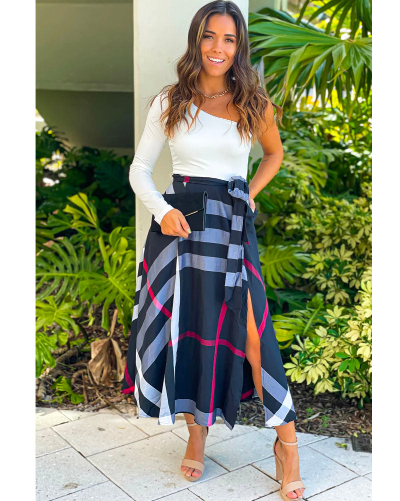 One Shoulder Plaid Skirt Midi Dress WhiteMYF
