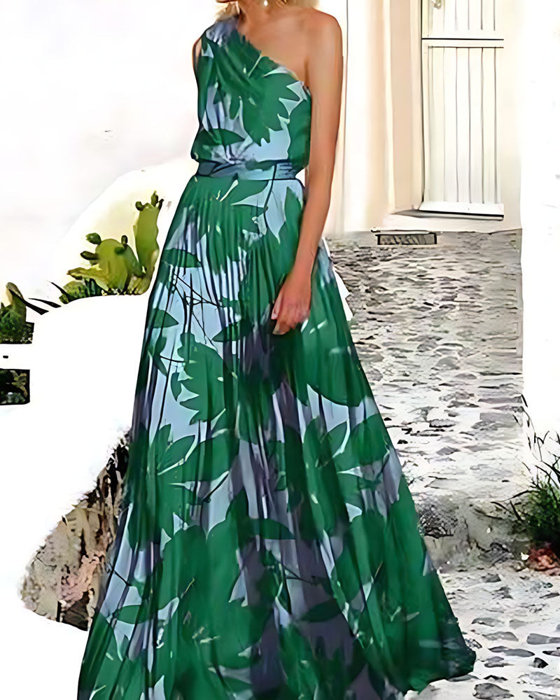 Elisa One Shoulder Maxi Dress Green Print