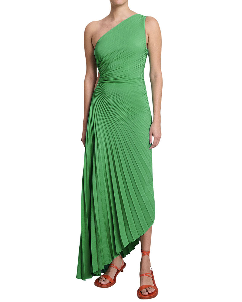 PLEATED ONE-SHOULDER MAXI DRESS Green