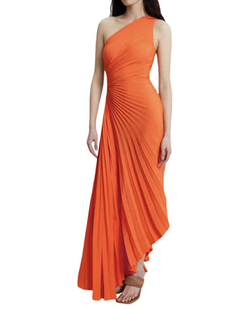 PLEATED ONE-SHOULDER MAXI DRESS Orange