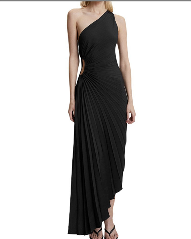 PLEATED ONE-SHOULDER MAXI DRESS Black