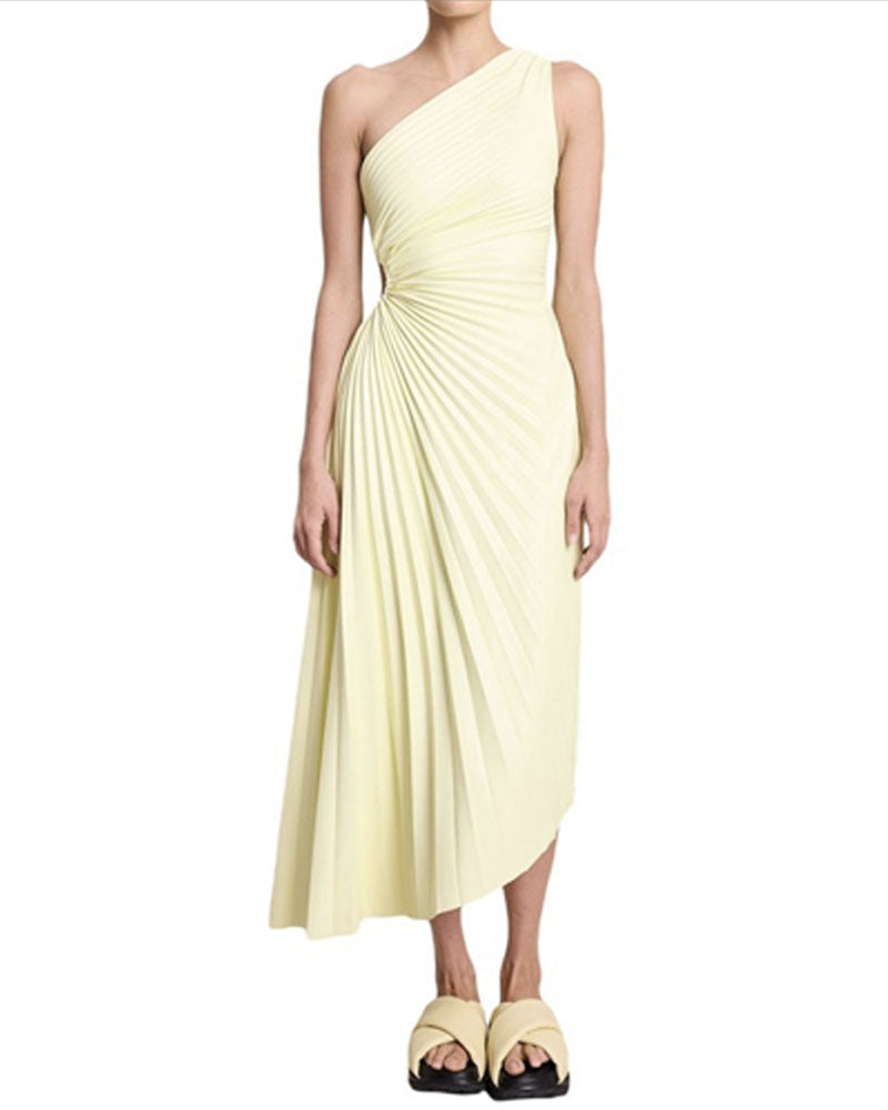PLEATED ONE-SHOULDER MAXI DRESS Beige