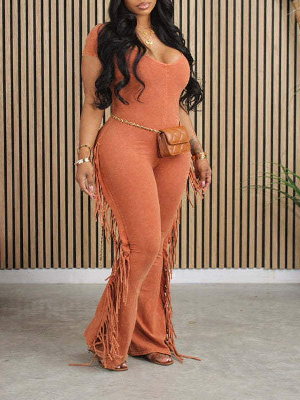 Indiebeautie V-Neck Fringed Jumpsuit
