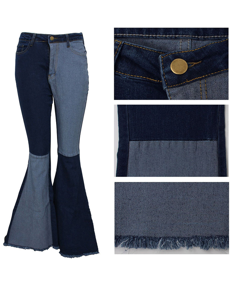 Paneled Denim Stretch Flared Pants