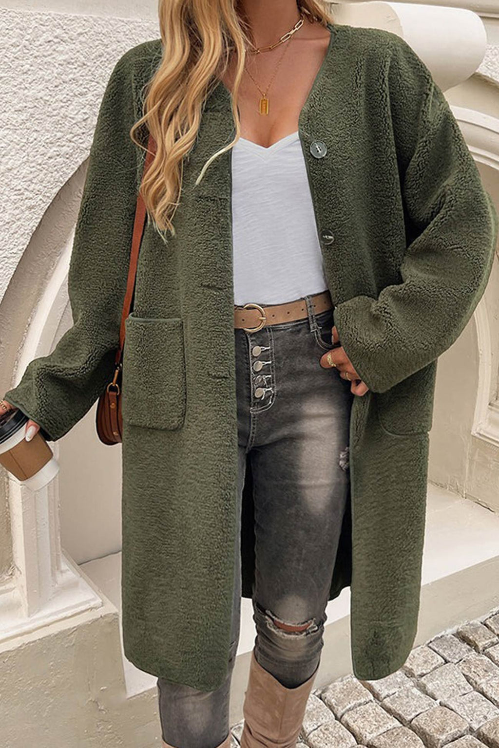 Plush Single-breasted Slit Cardigan