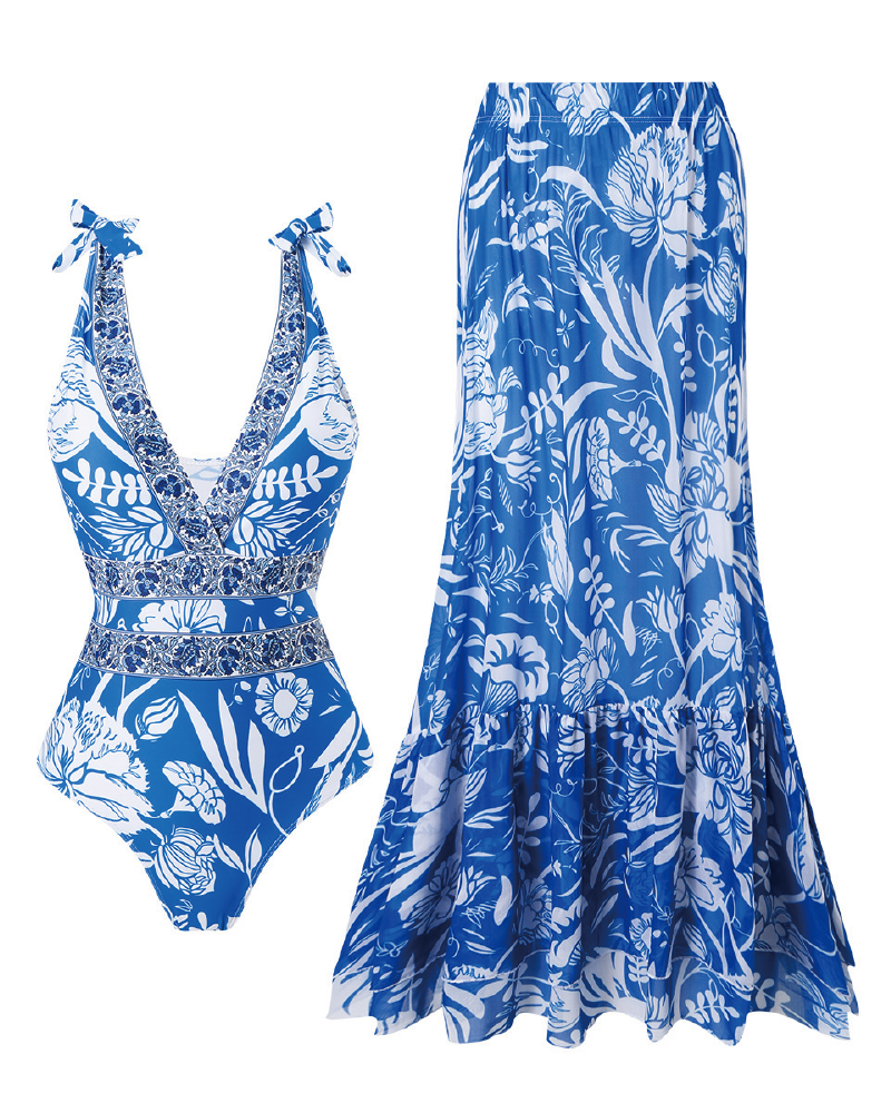 V Neck Printed One Piece Swimsuit & Skirt Printed-Blue1