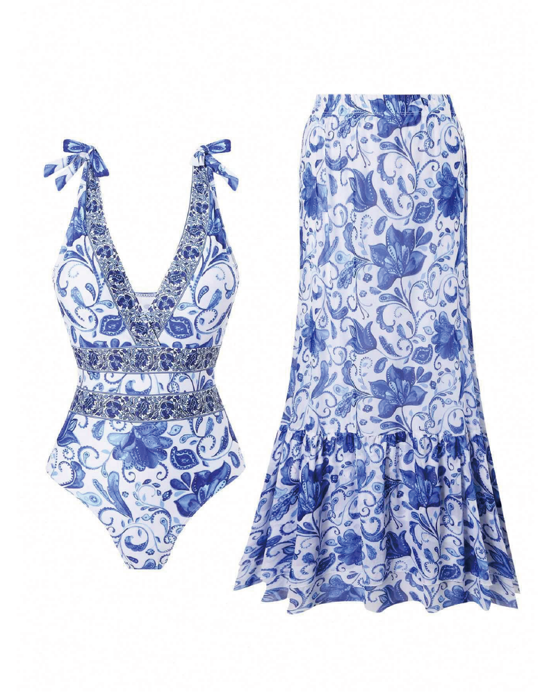 V Neck Printed One Piece Swimsuit & Skirt Printed-Blue2