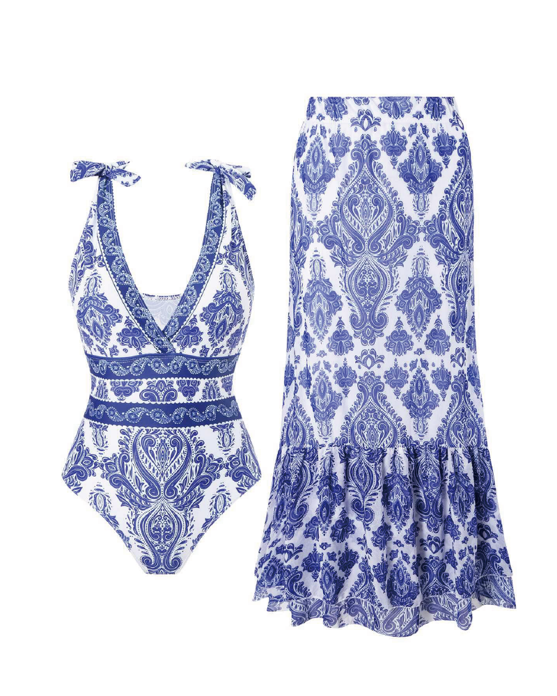 V Neck Printed One Piece Swimsuit & Skirt Printed-Blue3