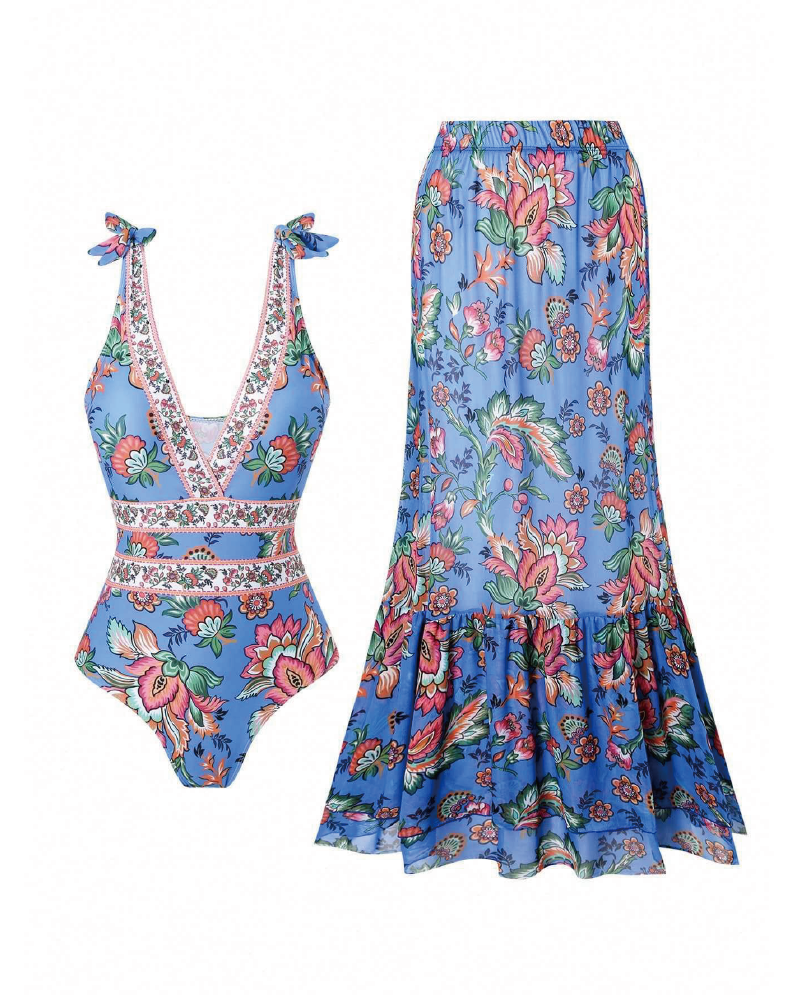 V Neck Printed One Piece Swimsuit & Skirt Printed-Blue4