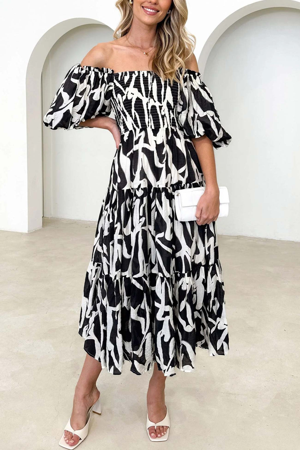 Puff Sleeve Printed Smocked Tiered Dress