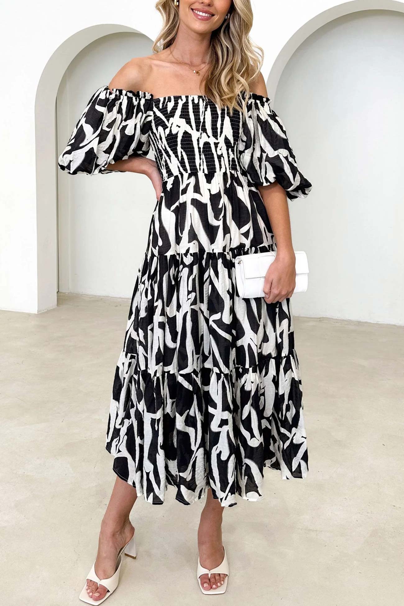 Puff Sleeve Printed Smocked Tiered Dress