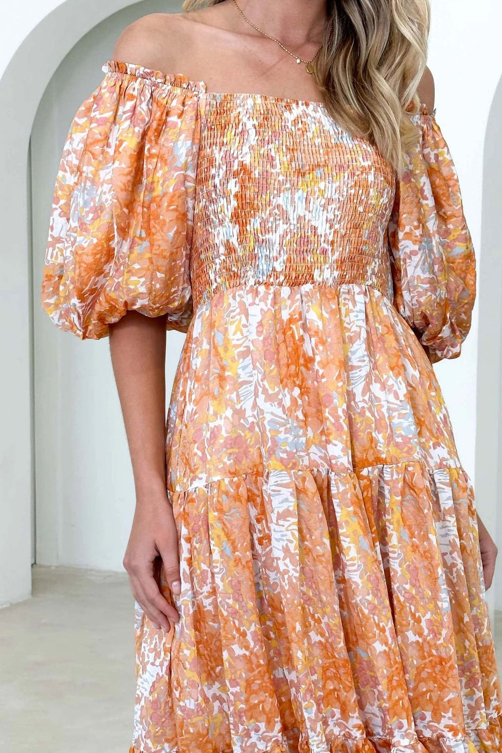 Puff Sleeve Printed Smocked Tiered Dress