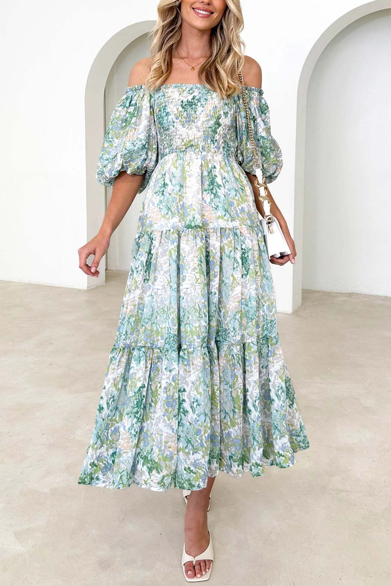 Puff Sleeve Printed Smocked Tiered Dress