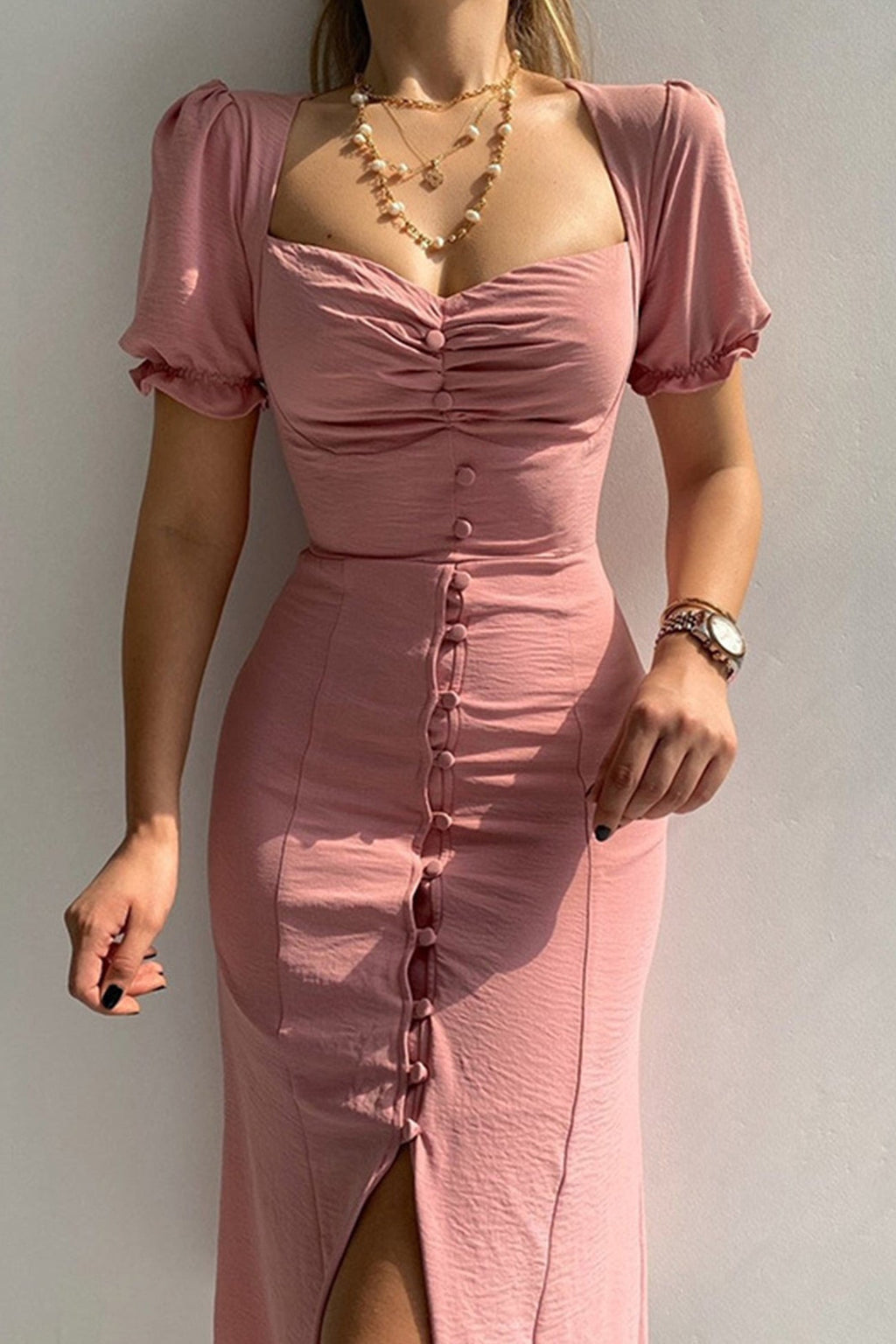 Puff Sleeve Single-breasted Midi Dress