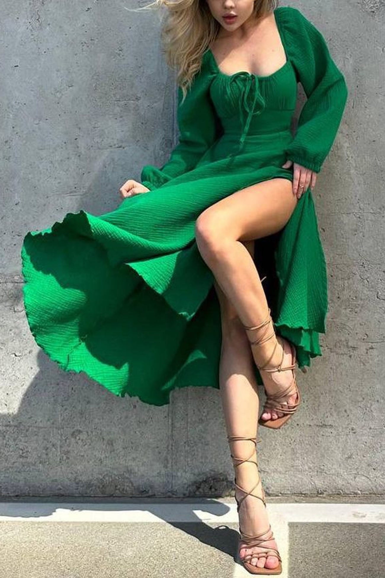 Puff Sleeve Square Neck Slit Dress