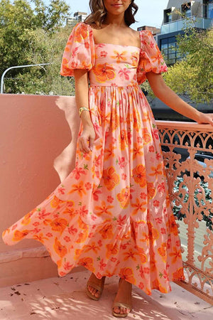 Puff Sleeve Printed A-line Shirred Dress