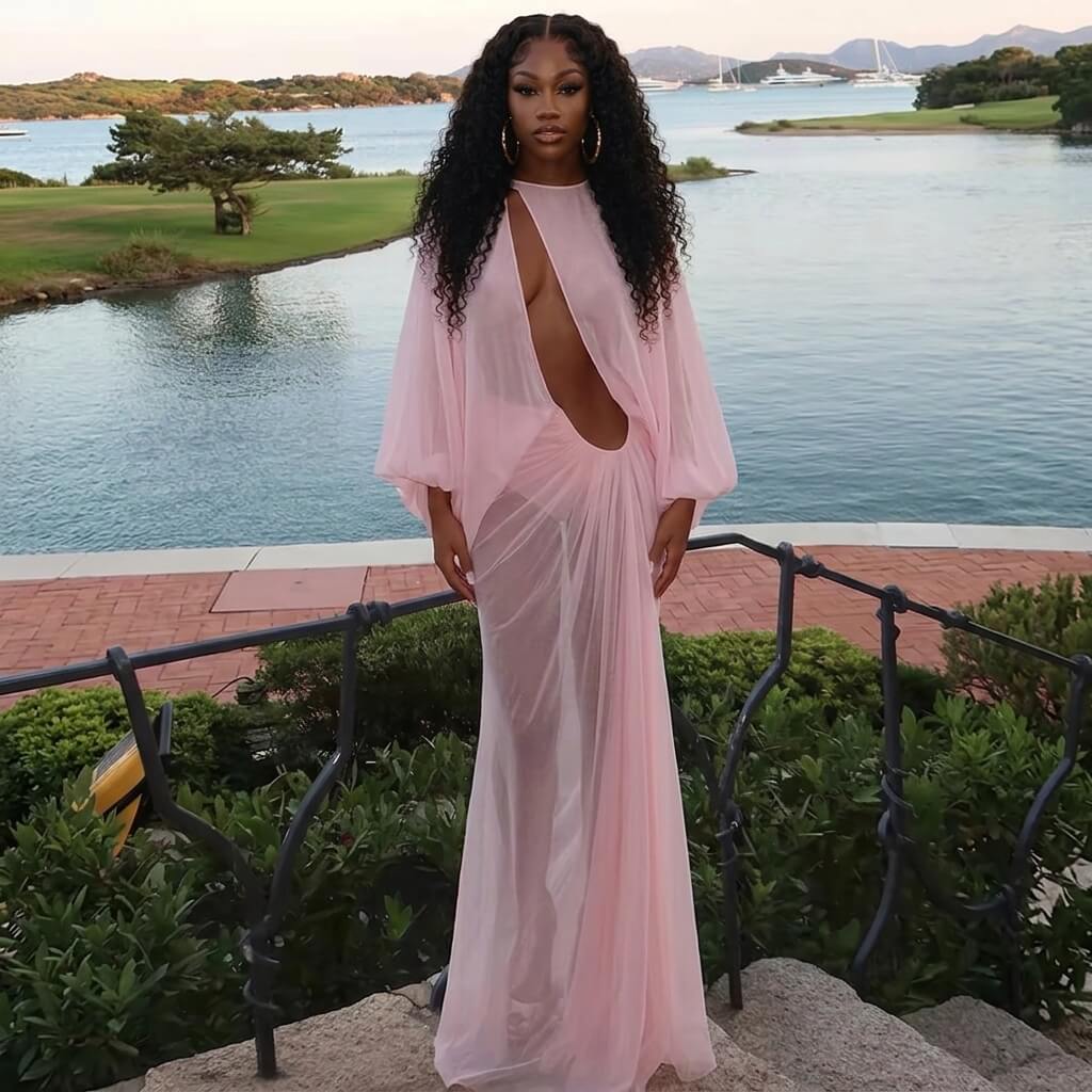 Sheer Cutout Draped Maxi Dress
