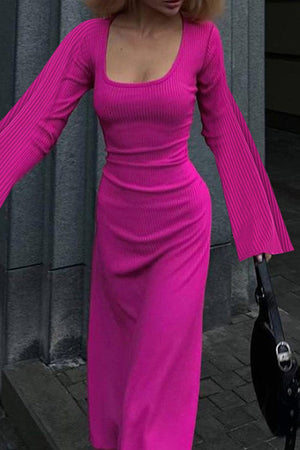 Ribbed Flares Sleeve Tie-back Dress