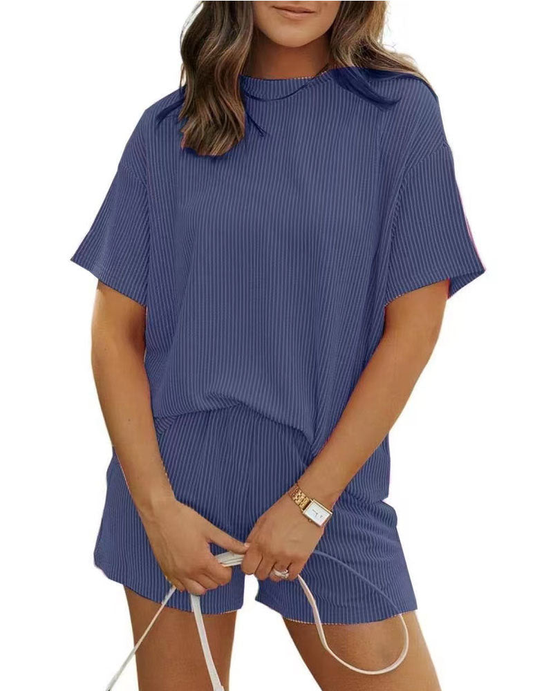 Ribbed Knit Shorts Set Blue