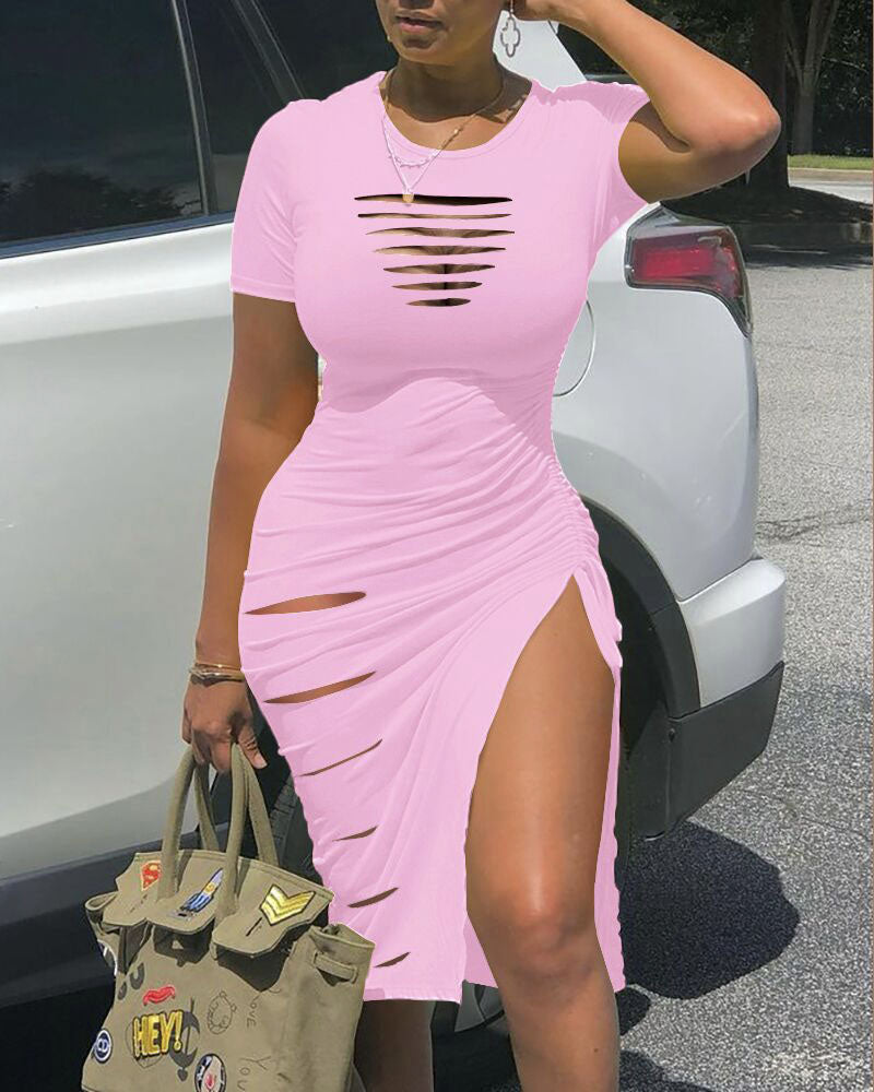 Ruched Cutout Midi Dress Pink
