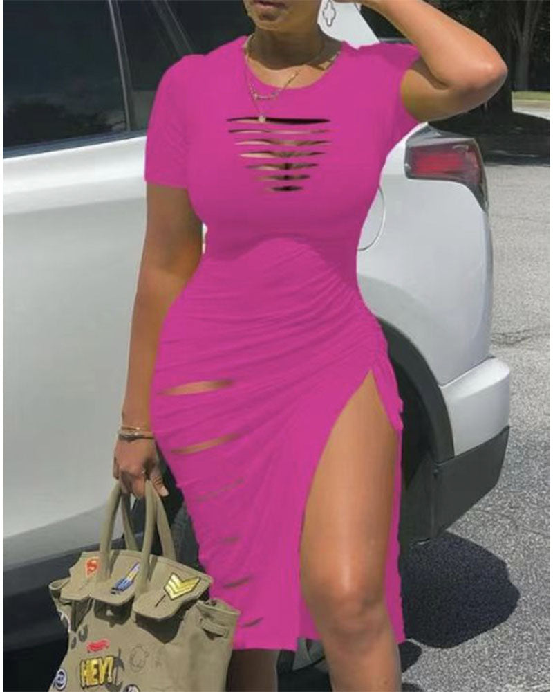 Ruched Cutout Midi Dress Hot Pink