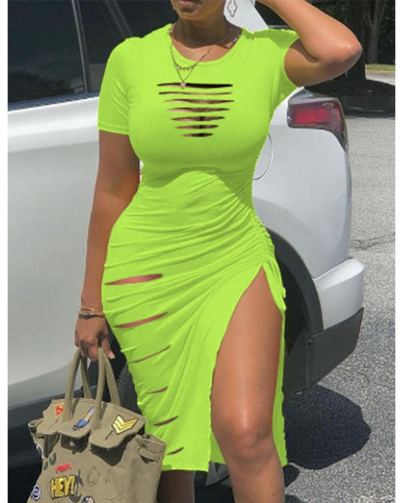 Ruched Cutout Midi Dress Light Green