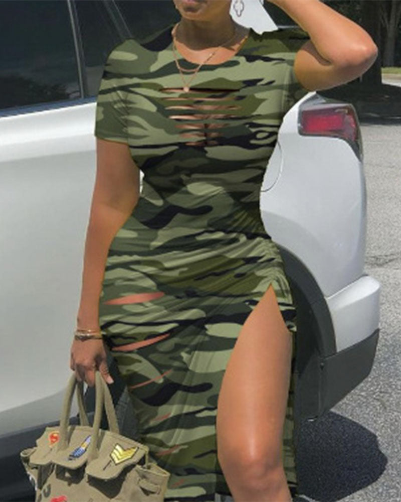 Ruched Cutout Midi Dress Camo