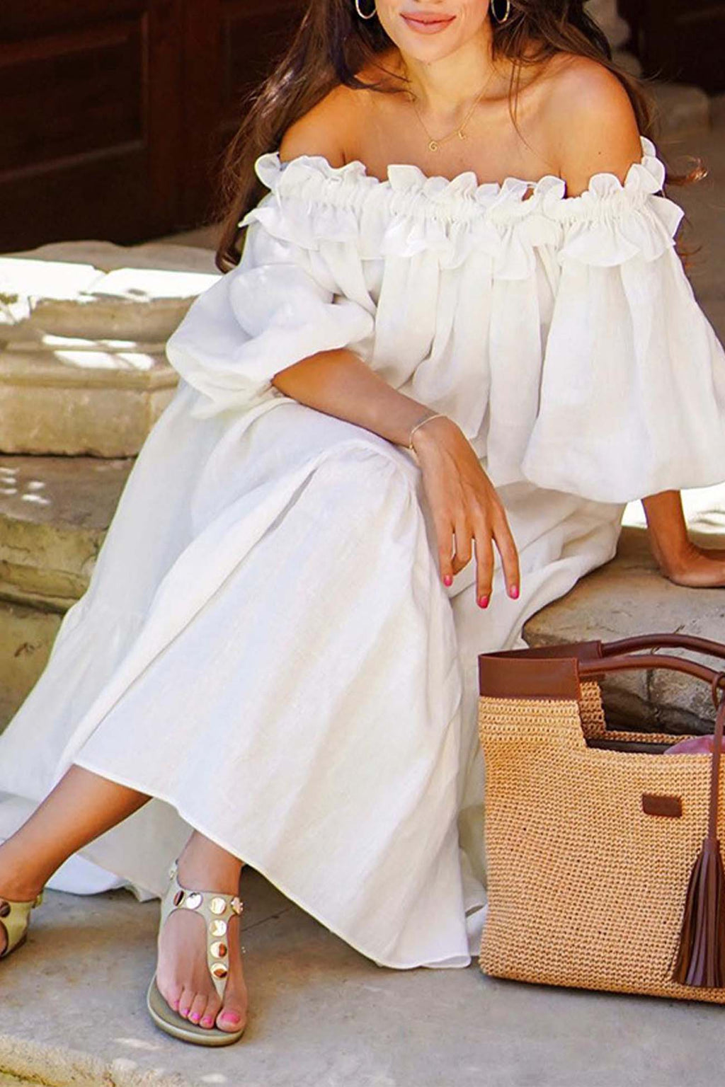 Ruffled Off Shoulder Puff Sleeve Slit Dress