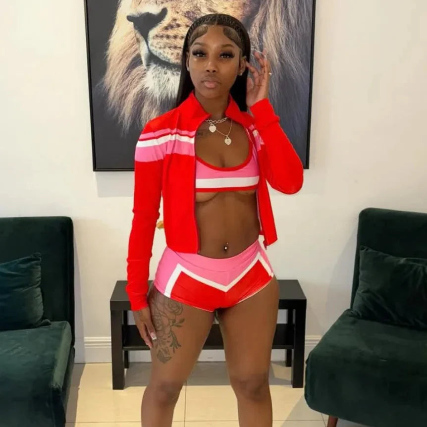 Striped Zip-Up Crop Shorts Set