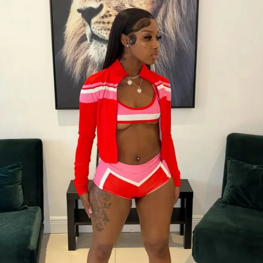 Striped Zip-Up Crop Shorts Set