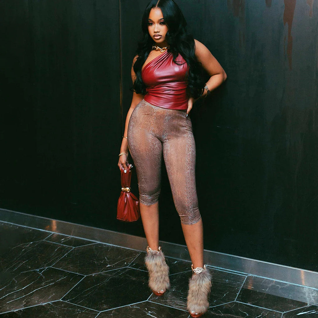One-Shoulder Faux Leather Set
