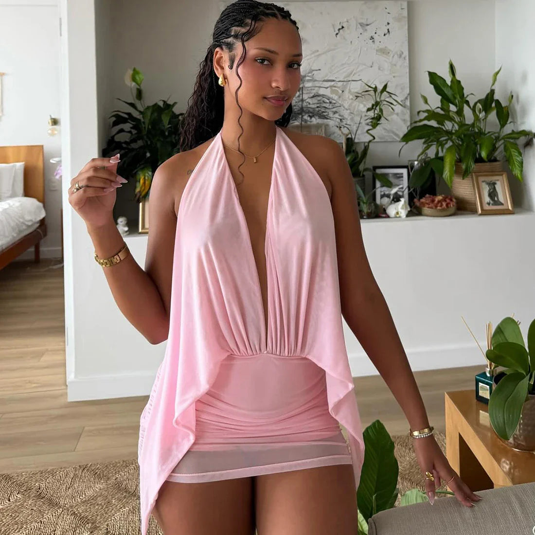 Halter Plunge Drape Mini Dress