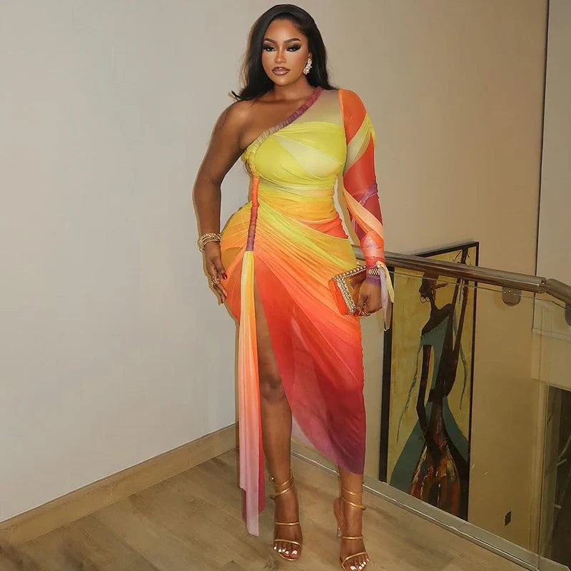 Ombre One-Shoulder Draped Mesh Dress