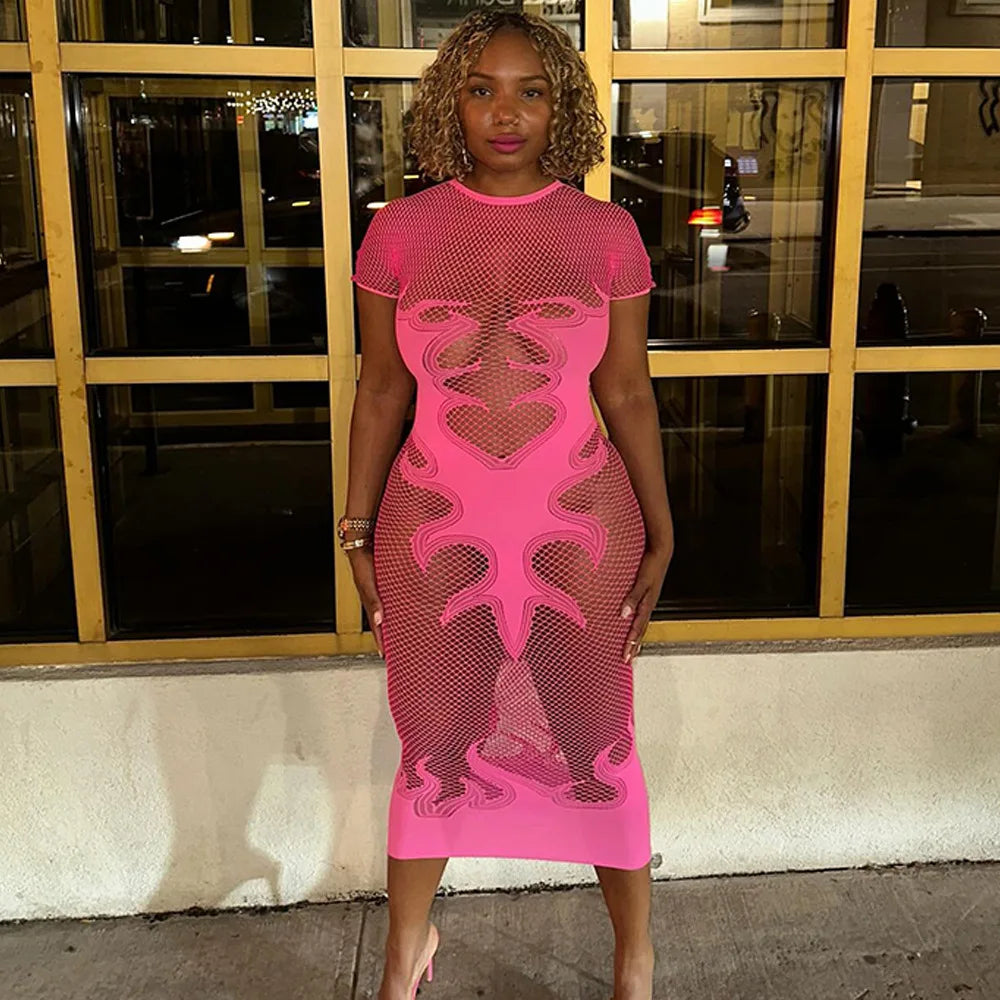 Flame Print Mesh Bodycon Dress
