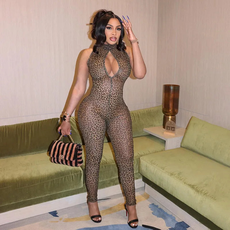 Leopard Mesh Cut-Out Jumpsuit